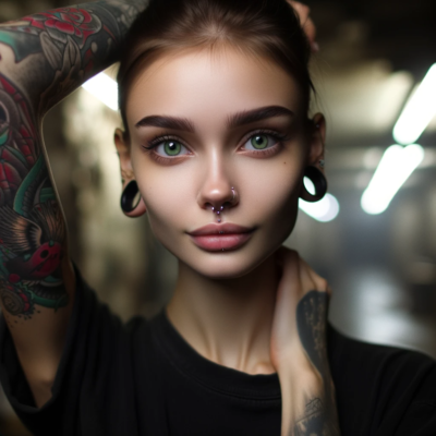 DALL·E 2023-10-24 22.18.00 - Square photo portrait of Olivia Turner, a tatuadora. She has a slender face, bright green eyes, and a sleeve tattoo on her right arm. Her hair is pull