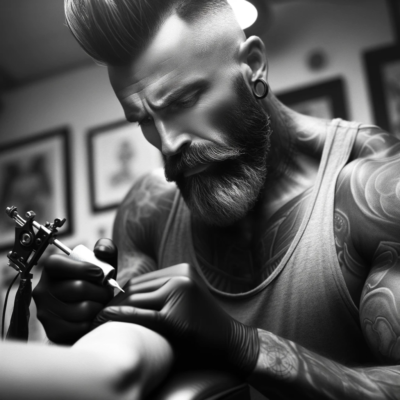 DALL·E 2023-10-24 22.18.02 - Square grayscale photo of Benjamin Smith, a tatuador. He is in his mid-30s, has a muscular build, and sports a mohawk. Benjamin is captured in the mid